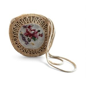 Vintage Floral Embroidered Straw Round Bag